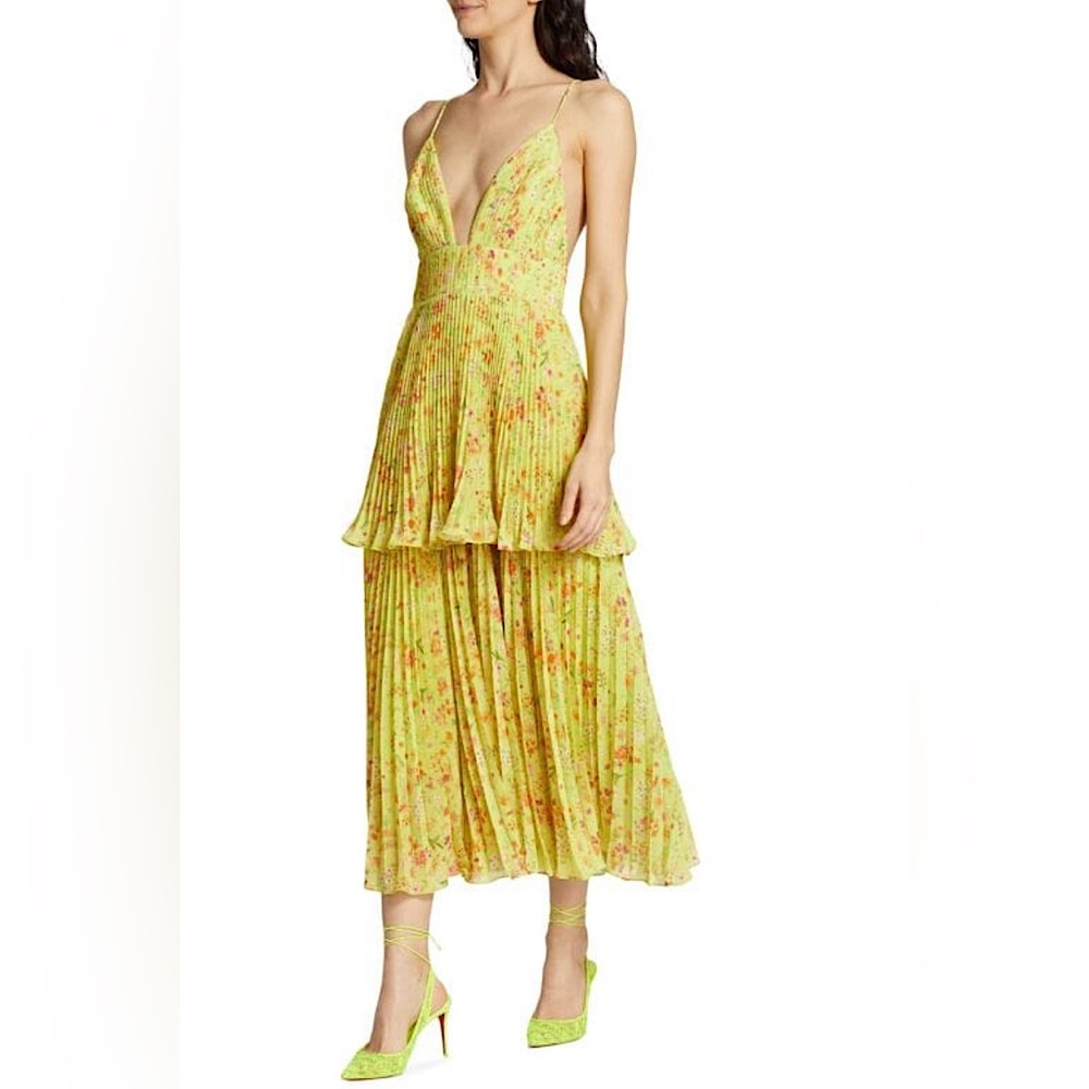 NWT AMUR Nico Floral Tiered Midi Dress in Limeade Garden Sz 10